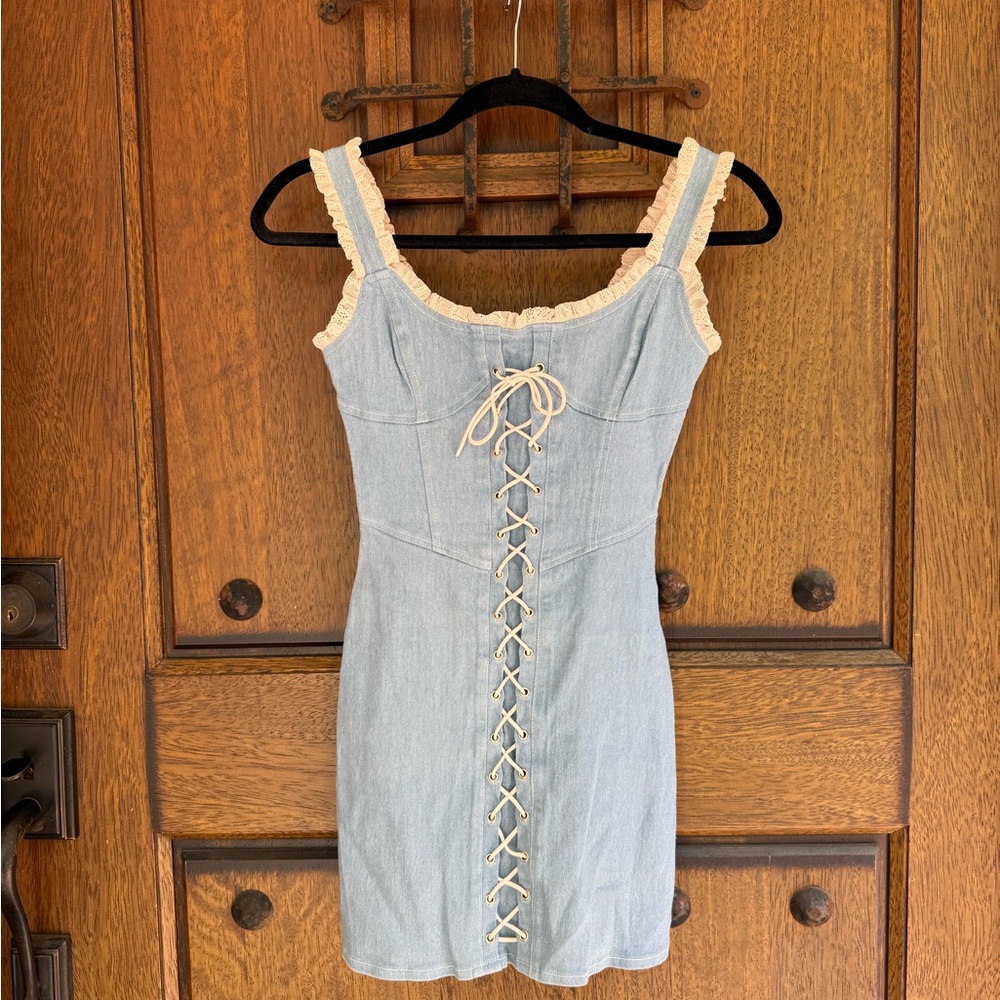 Tiger Mist Light Blue Denim Lace-Up Mini Dress with Cream Trim